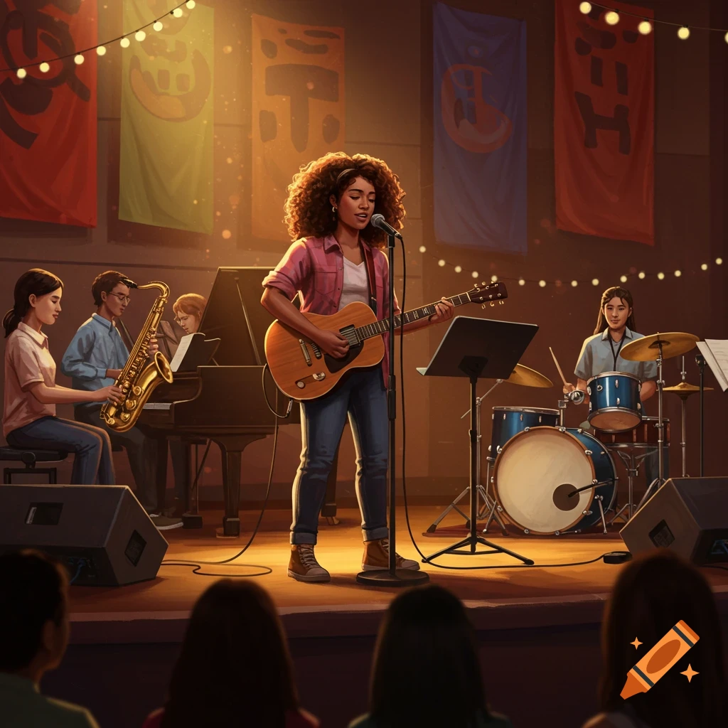 A band of students performs on stage. A female singer plays guitar, a man plays saxophone, another plays piano, and a girl plays drums, with an audience in the foreground.