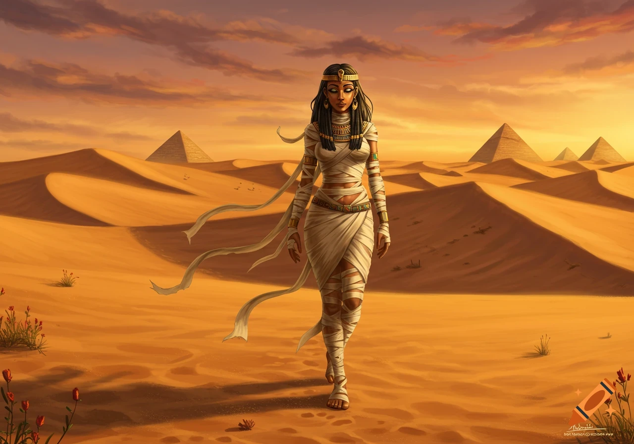 A beautiful woman in mummy wrappings walks through a vast desert with pyramids under a sunset sky, in a fantasy art style.