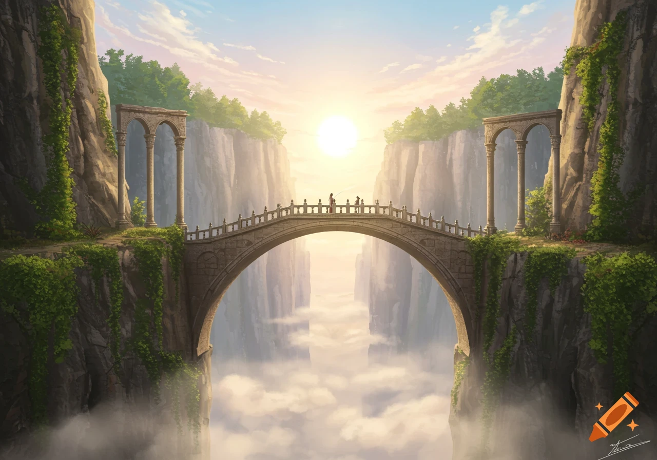 A beautiful digital painting of a stone bridge over a misty abyss between towering cliffs at sunrise, with two small figures.