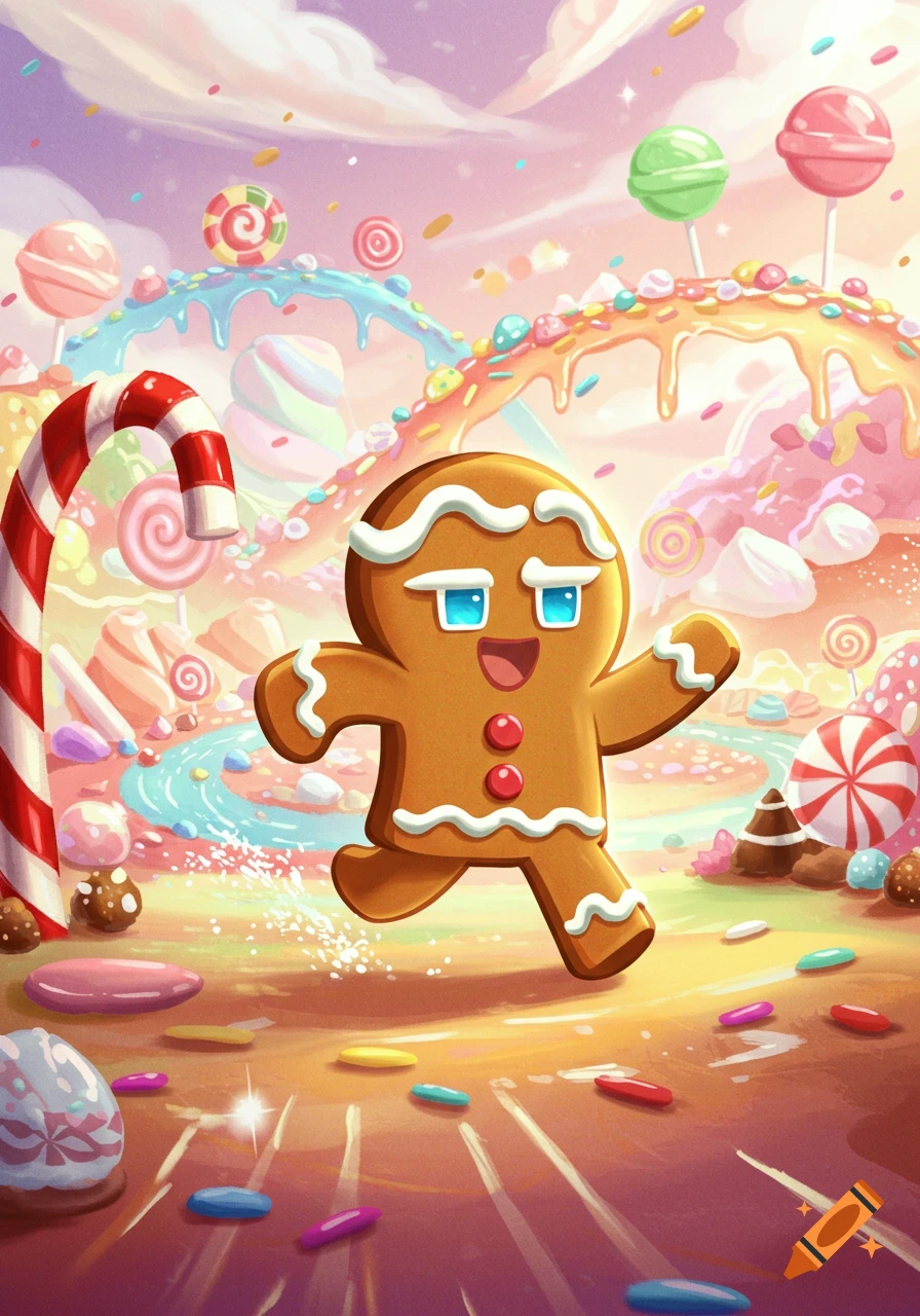 A cheerful gingerbread man with blue eyes and white icing runs through a vibrant, whimsical candy land with lollipops and sweets.
