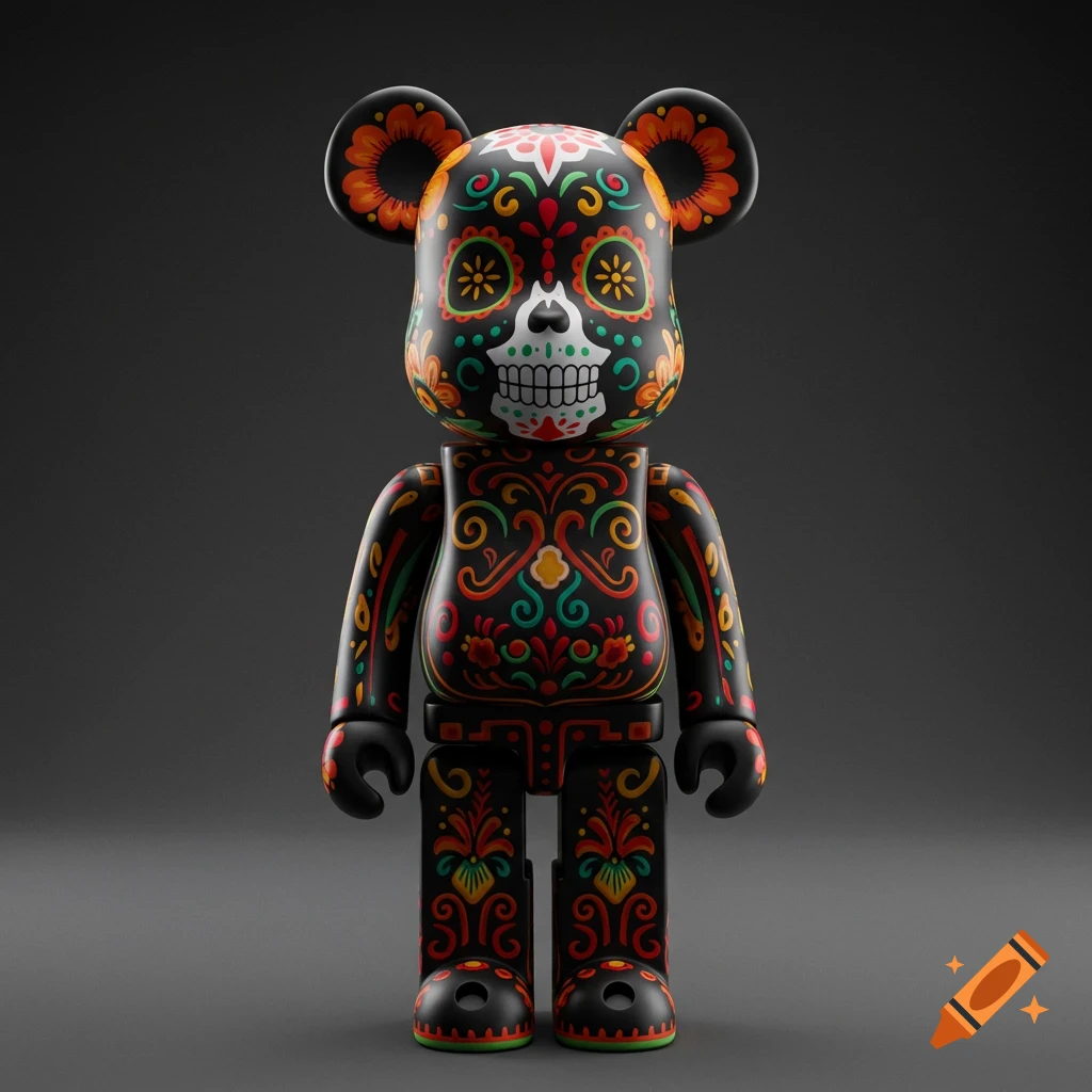 Black Bearbrick-style vinyl figure with colorful, intricate Day of the Dead sugar skull and floral patterns on a dark gray background.