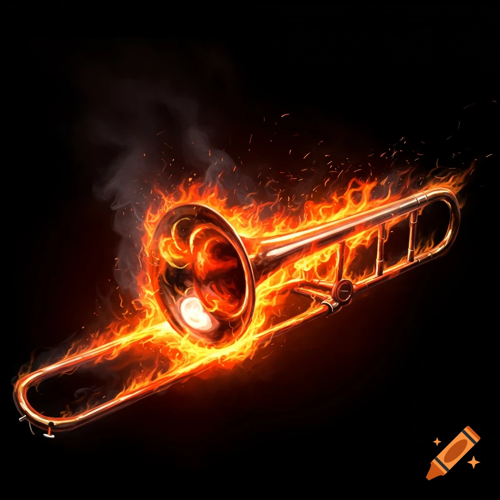 A shiny brass trombone engulfed in bright orange and yellow flames against a dark black background.