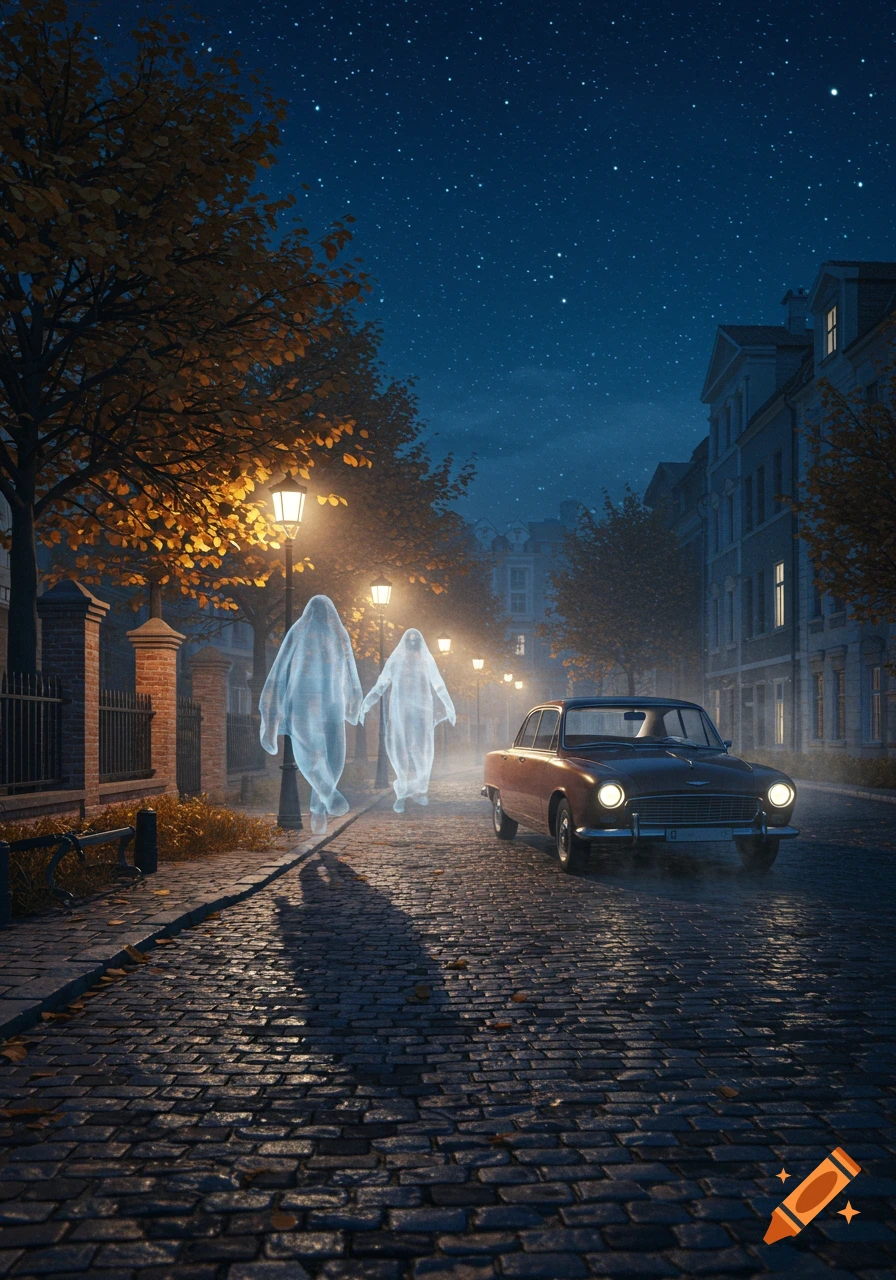 Two transparent, glowing ghost figures walk hand-in-hand down a cobblestone street at night, illuminated by streetlights. An old car is parked nearby, and autumn trees line the path under a starry sky.