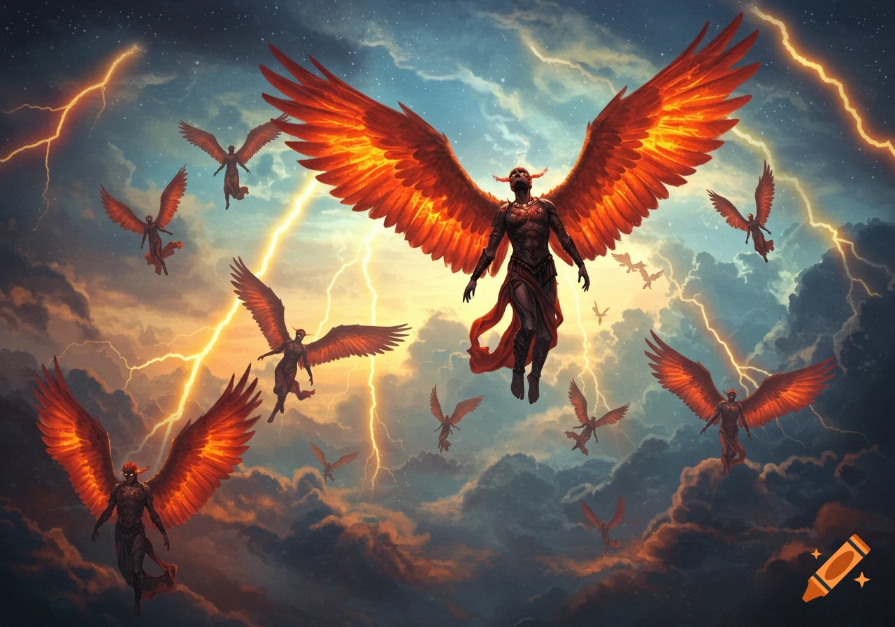 Numerous red-winged figures descend through a dark, stormy sky illuminated by bright lightning in a fantasy illustration.