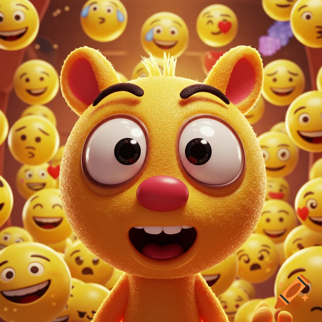 A cute yellow furry cartoon character with big eyes smiles, surrounded by a crowd of various 3D emoji faces.