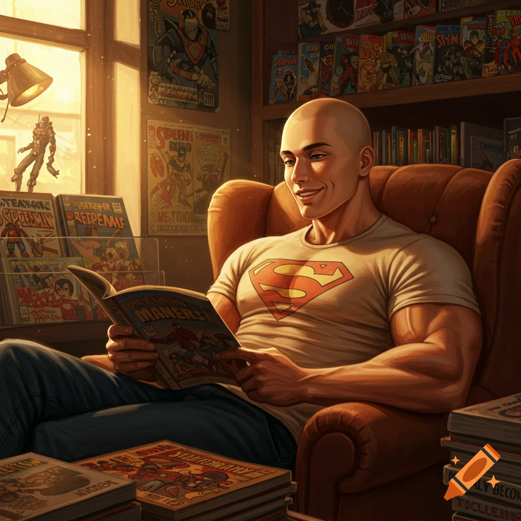 A muscular bald man in a Superman t-shirt smiles while relaxing in an armchair, reading a comic book in a room filled with comics.