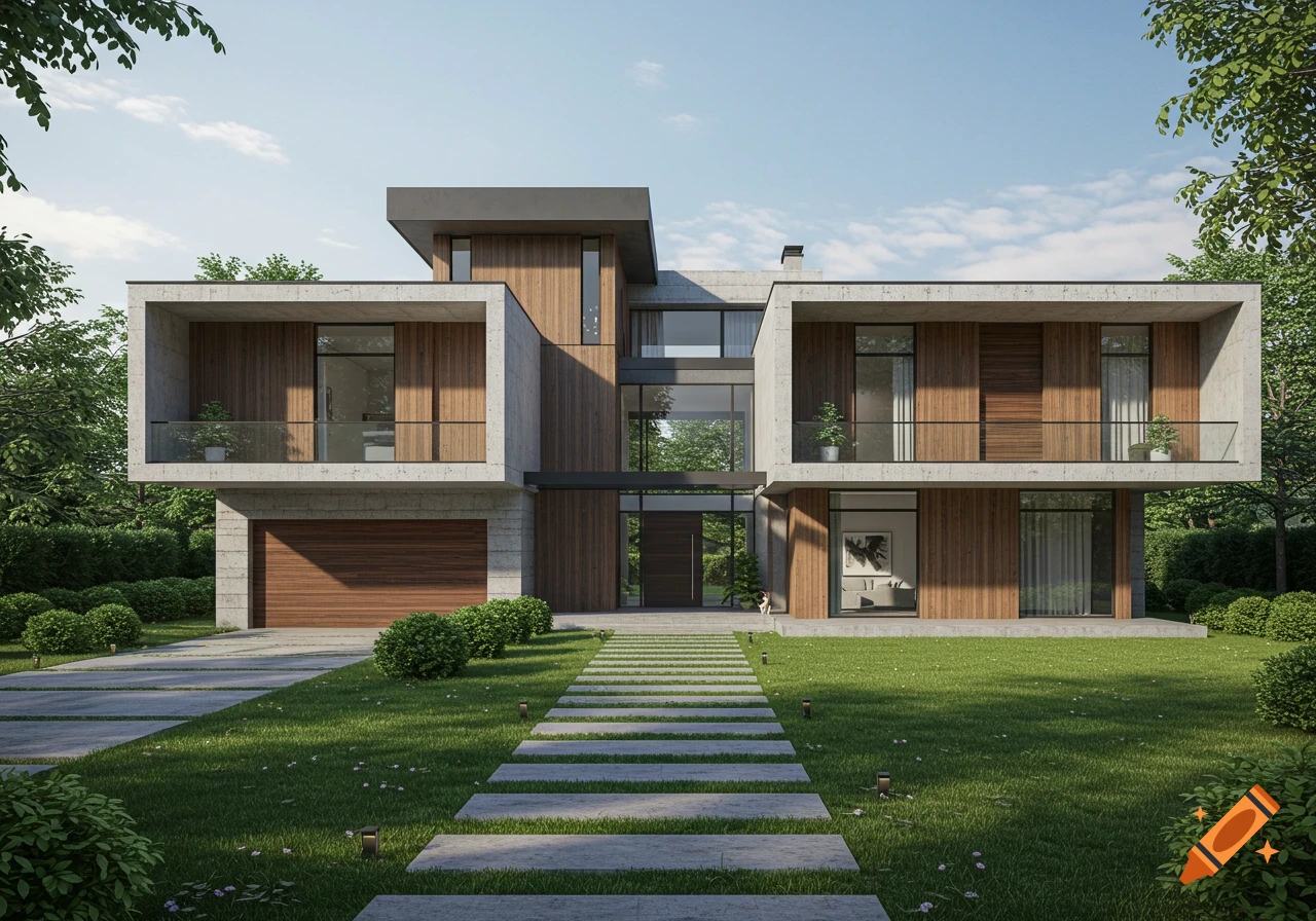 A modern house with concrete and wood siding, large windows, and a lush green lawn with a stone path.