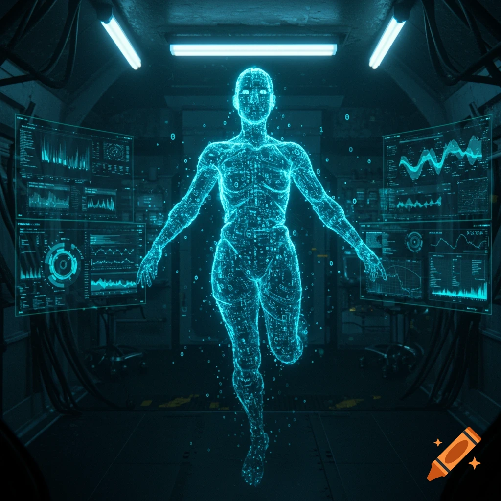 A glowing blue-turquoise wireframe humanoid figure, a digital ghost, floats in a dark, futuristic server room with data screens.