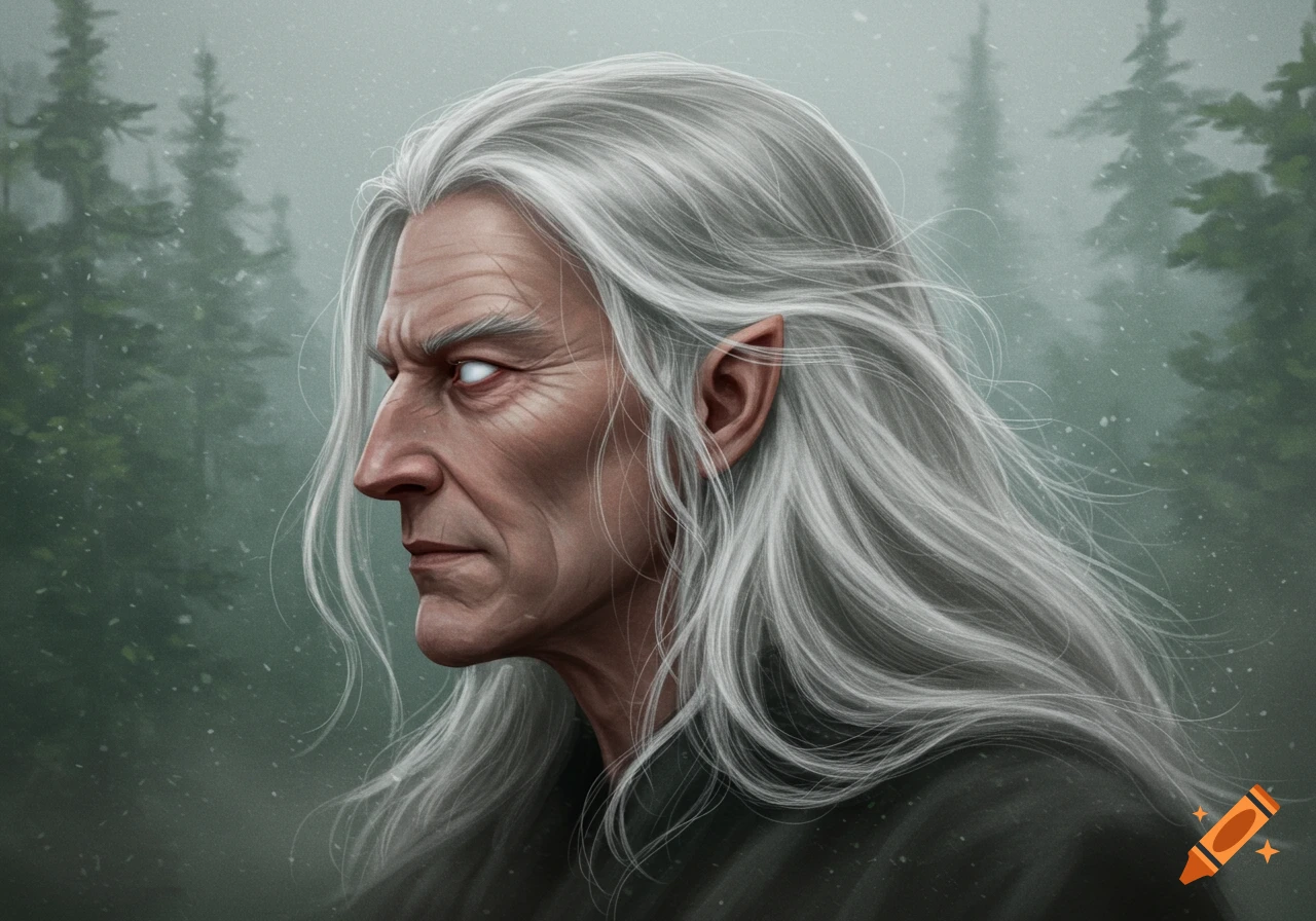 Hyperrealistic side profile of an old man with long white hair, glowing white eyes, and pointy ears, set in a misty forest.
