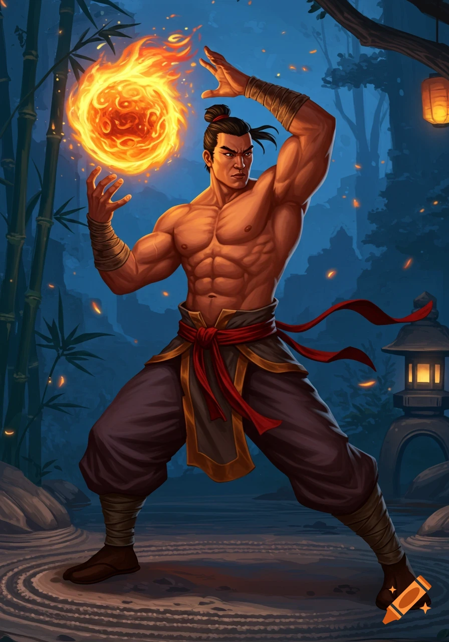 Muscular Asian man in martial arts pose, conjuring a fiery orb in a stylized dark bamboo garden with a lantern.