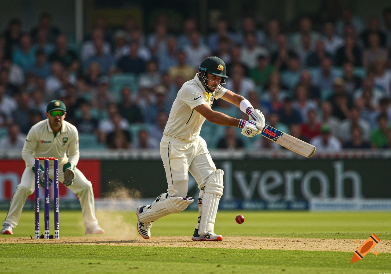 A cricket player in white uniform hits a red ball on a green field, with a wicketkeeper and spectators in the background.