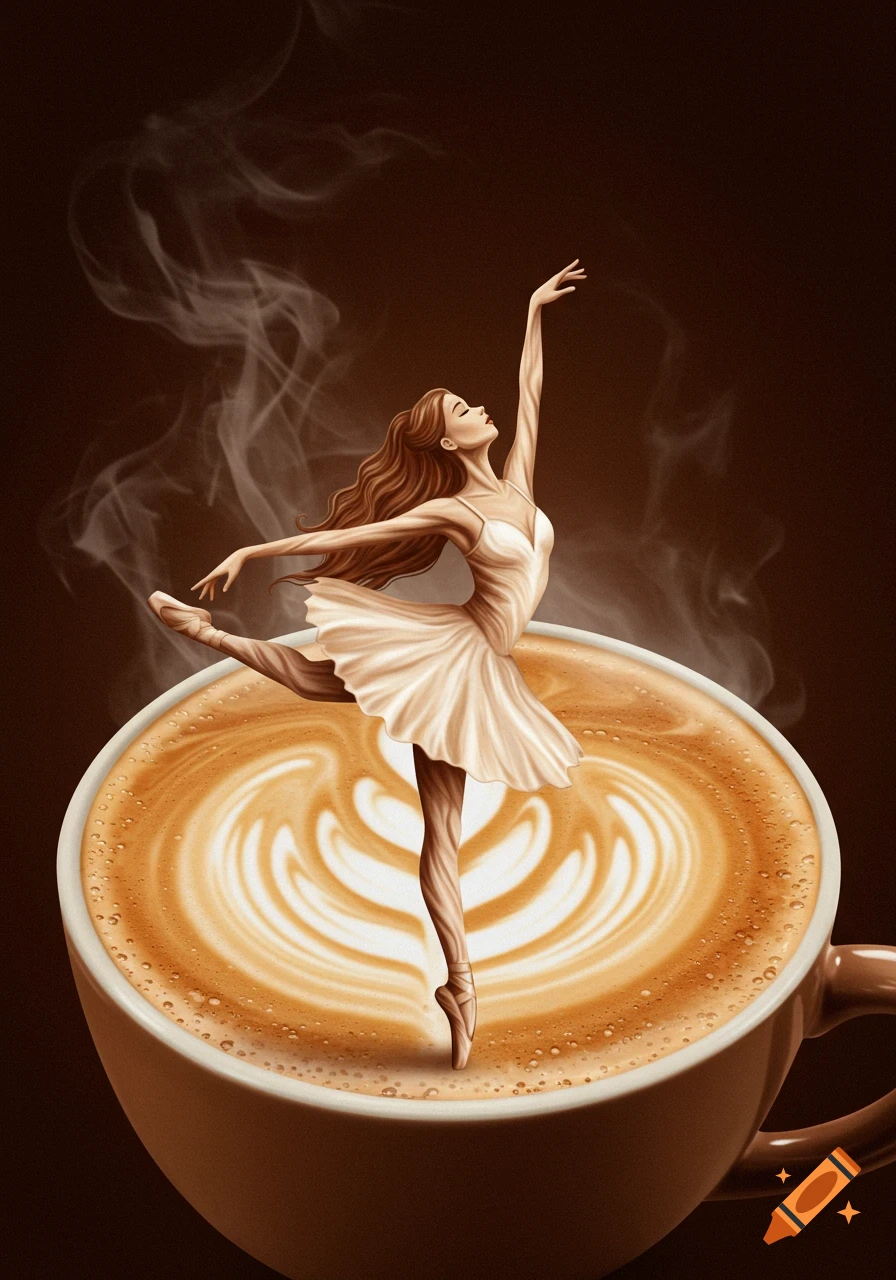 Illustrated ballerina in a white tutu dancing on a steaming cappuccino with elaborate latte art.