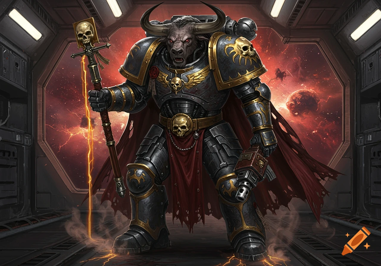 A heavily armored minotaur space marine chaplain in dark power armor with gold trim, holding a skull-topped staff and a gun, stands in a spaceship corridor against a red cosmic background.