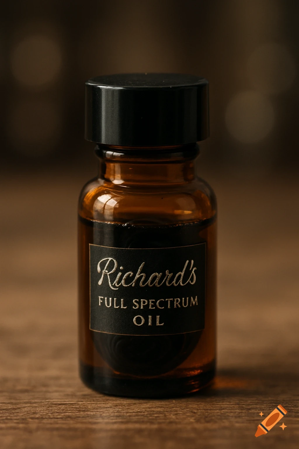 A close-up product photo of a small amber bottle with a black lid, labeled 'Richard's Full Spectrum Oil', on a wooden surface.