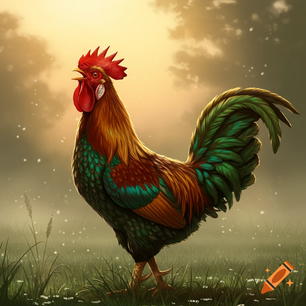 A vibrant rooster with a red comb and wattle, and colorful brown, green, and red feathers, stands in a misty grassy field at sunrise.