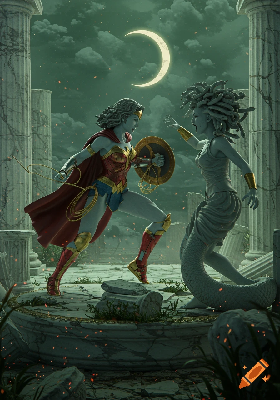 Statue-like Wonder Woman with shield battles Medusa in ancient ruins under a crescent moon, digital art.