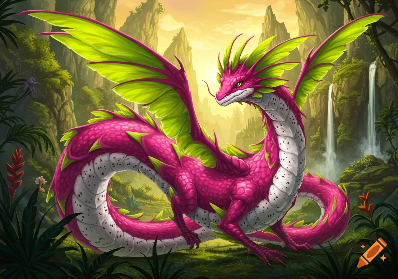 A vibrant pink and green dragon, resembling dragon fruit, with large wings sits in a tropical jungle with waterfalls and mountains.