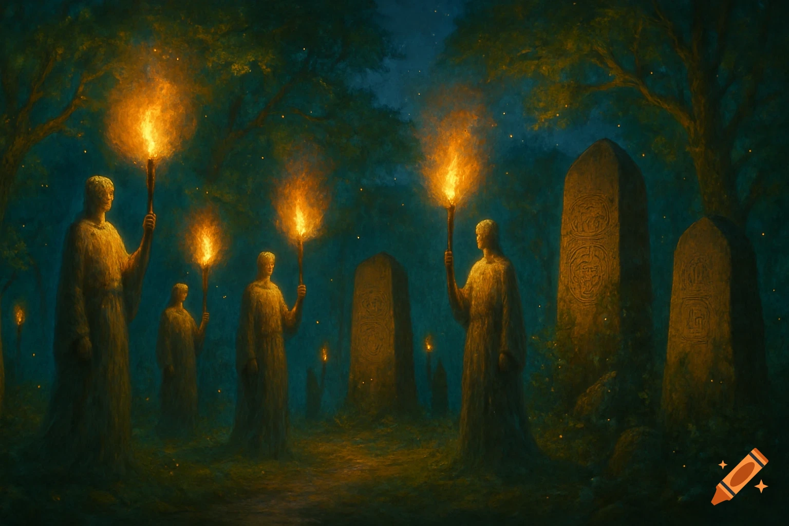 Figures in long robes hold torches in a dark, glowing forest, surrounded by ancient, carved standing stones under a starry sky in a painterly style.