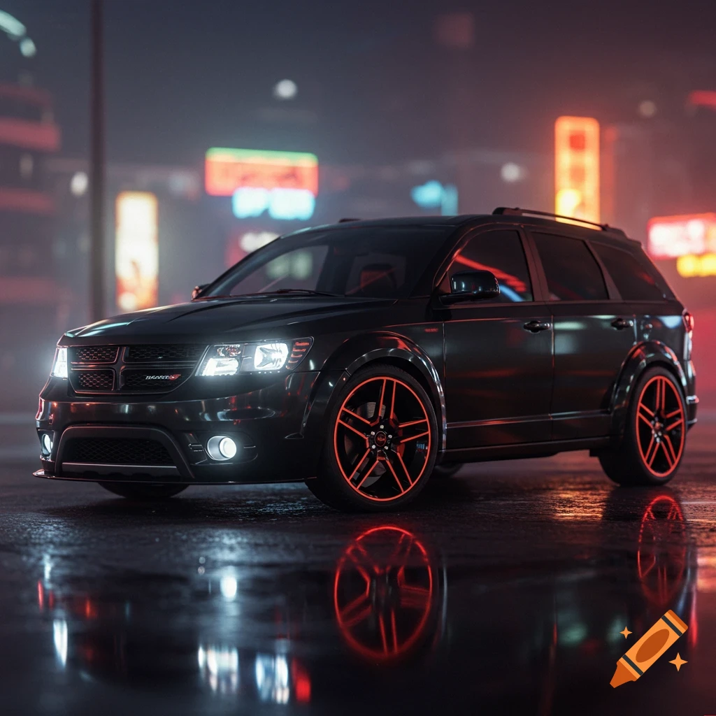 Photorealistic black Dodge Journey with orange-accented pentagram rims, parked on a wet street at night with city lights reflecting.