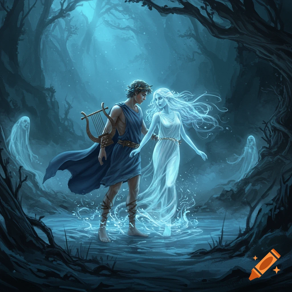 A man with a lyre and a glowing, ghostly woman walk through a misty, moonlit forest, surrounded by water and spectral figures, in a fantasy illustration.