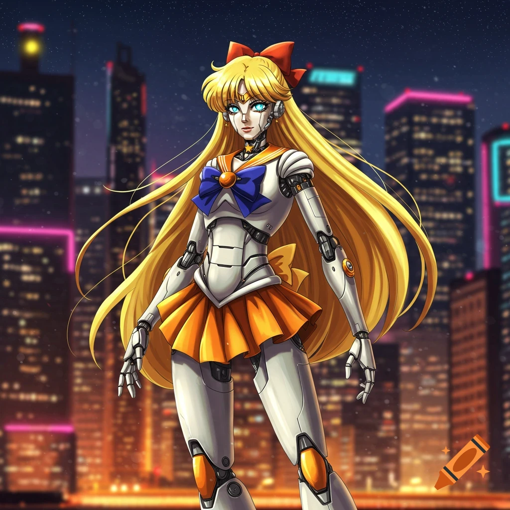 An anime-style robot Sailor Venus stands in front of a futuristic city skyline at night.