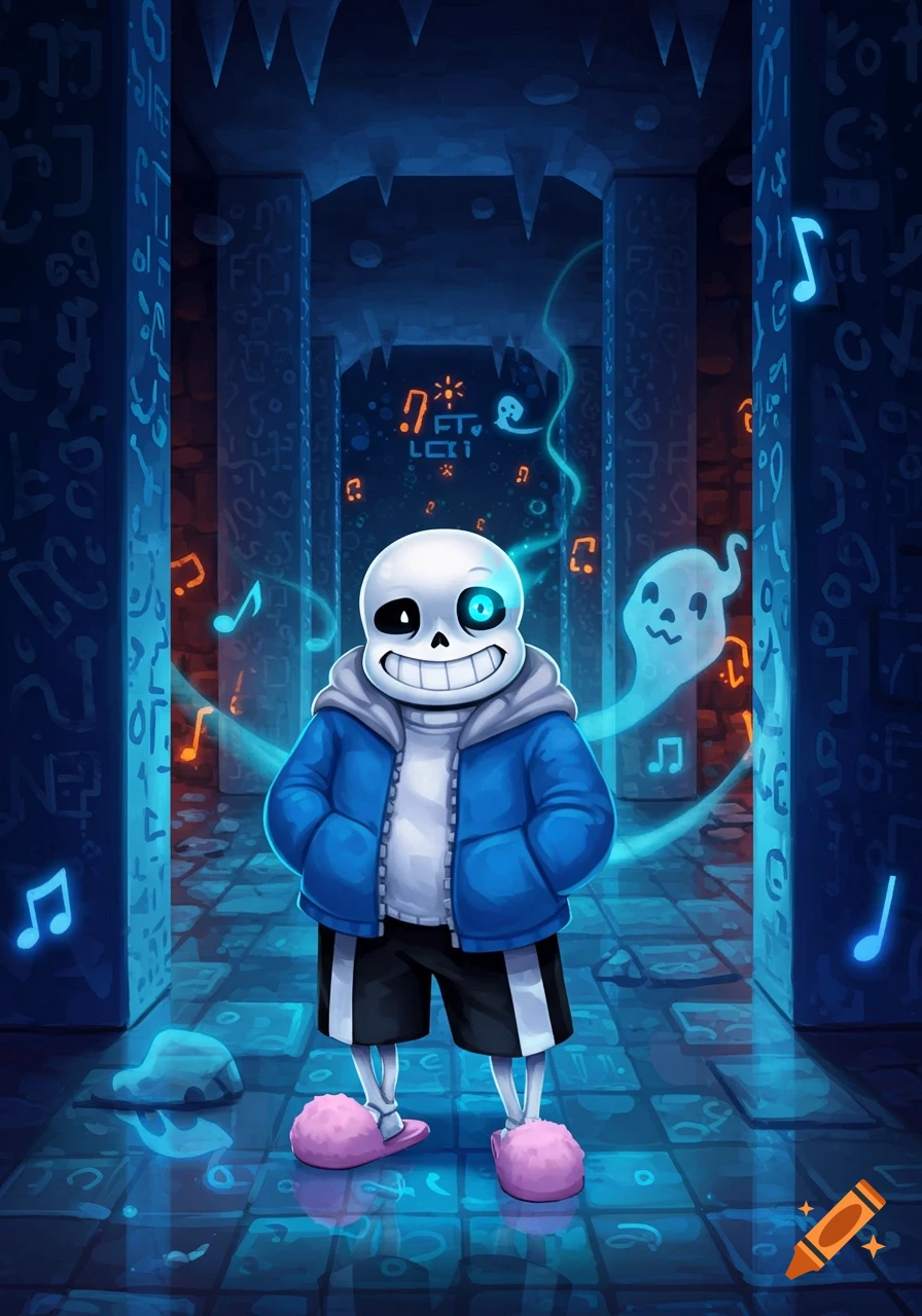 Stylized illustration of Sans from Undertale, a grinning skeleton in a blue jacket and pink slippers, standing in a glowing blue icy dungeon with floating musical notes and garbled symbols.