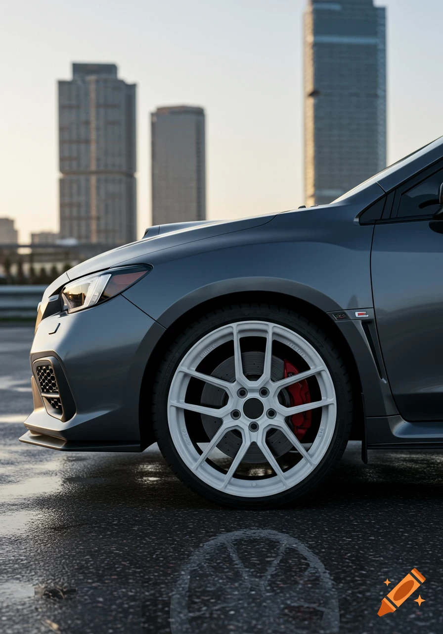 Close-up of a grey 2022 Subaru WRX with white powder-coated rims and red brake calipers on a wet city street, with buildings in the background.