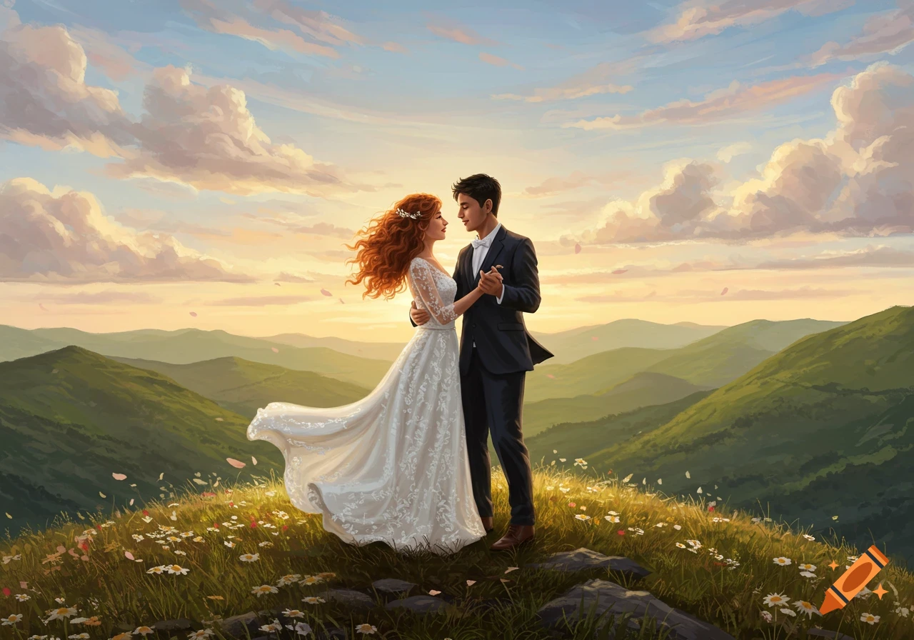 A newlywed couple dances on a mountain peak surrounded by wildflowers at sunset, in an idyllic digital painting.