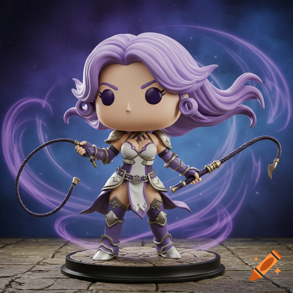 A Funko Pop figure of Ivy Valentine with lavender hair and white and purple armor, holding two whips, against a purple, glowing background.