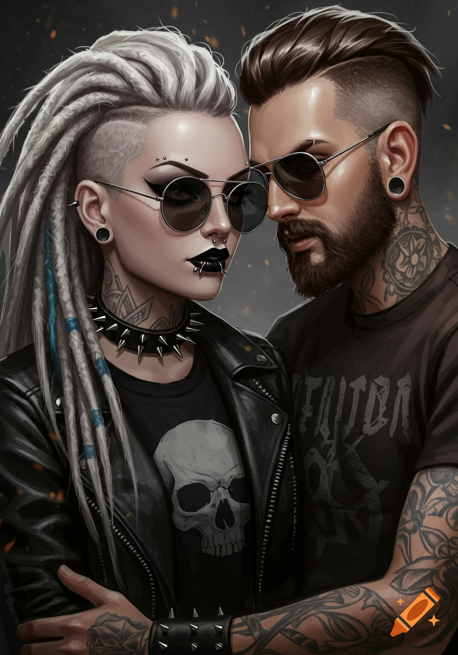 Digital art portrait of a gothic rocker couple. The woman has dreadlocks, piercings, black lipstick, sunglasses, and a skull shirt. The man has styled hair, a beard, tattoos, and sunglasses, leaning close to her.