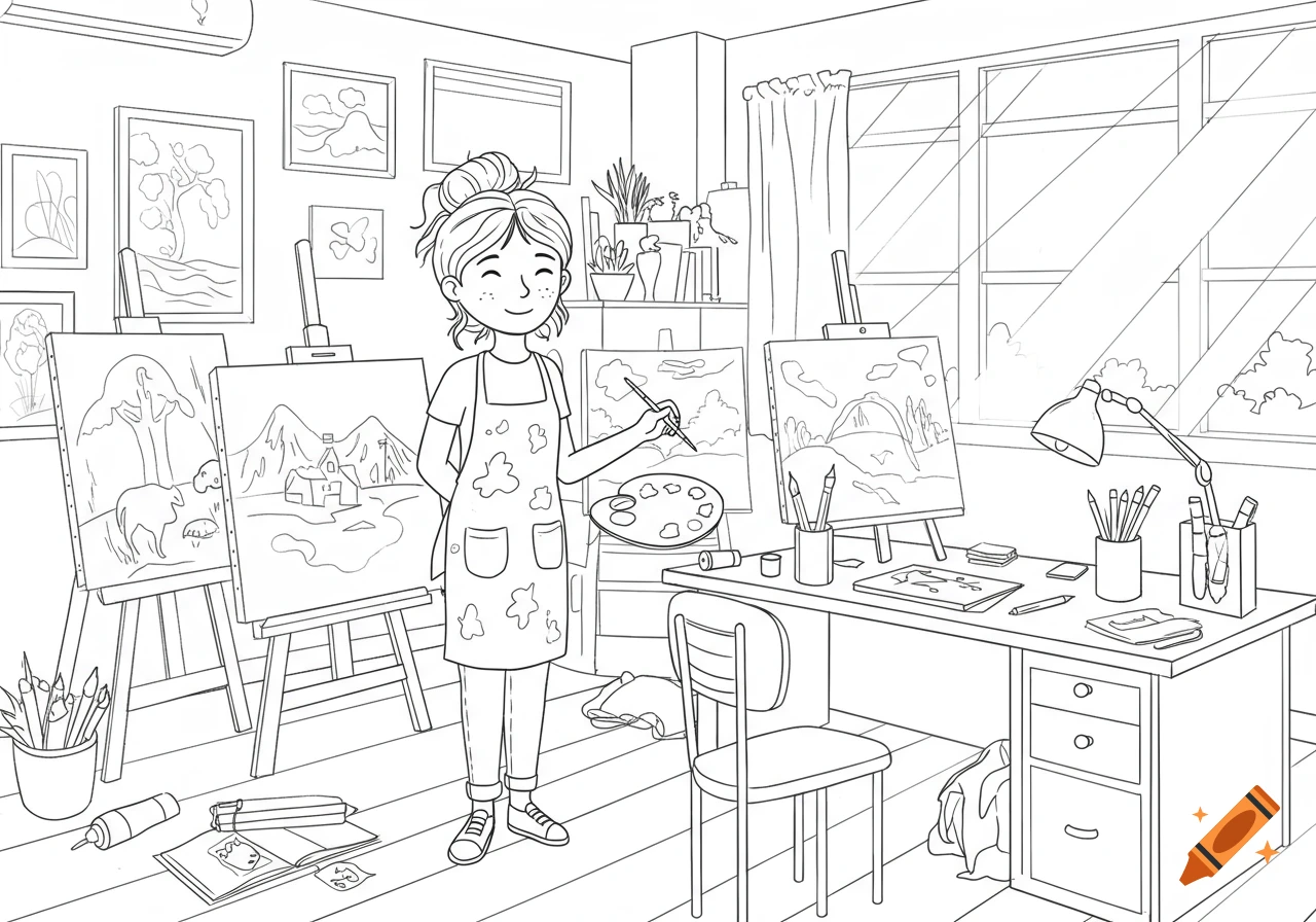 A smiling art teacher stands in a busy art studio, holding a paintbrush and palette. Several easels with paintings and a desk with art supplies fill the room in this doodle outline.