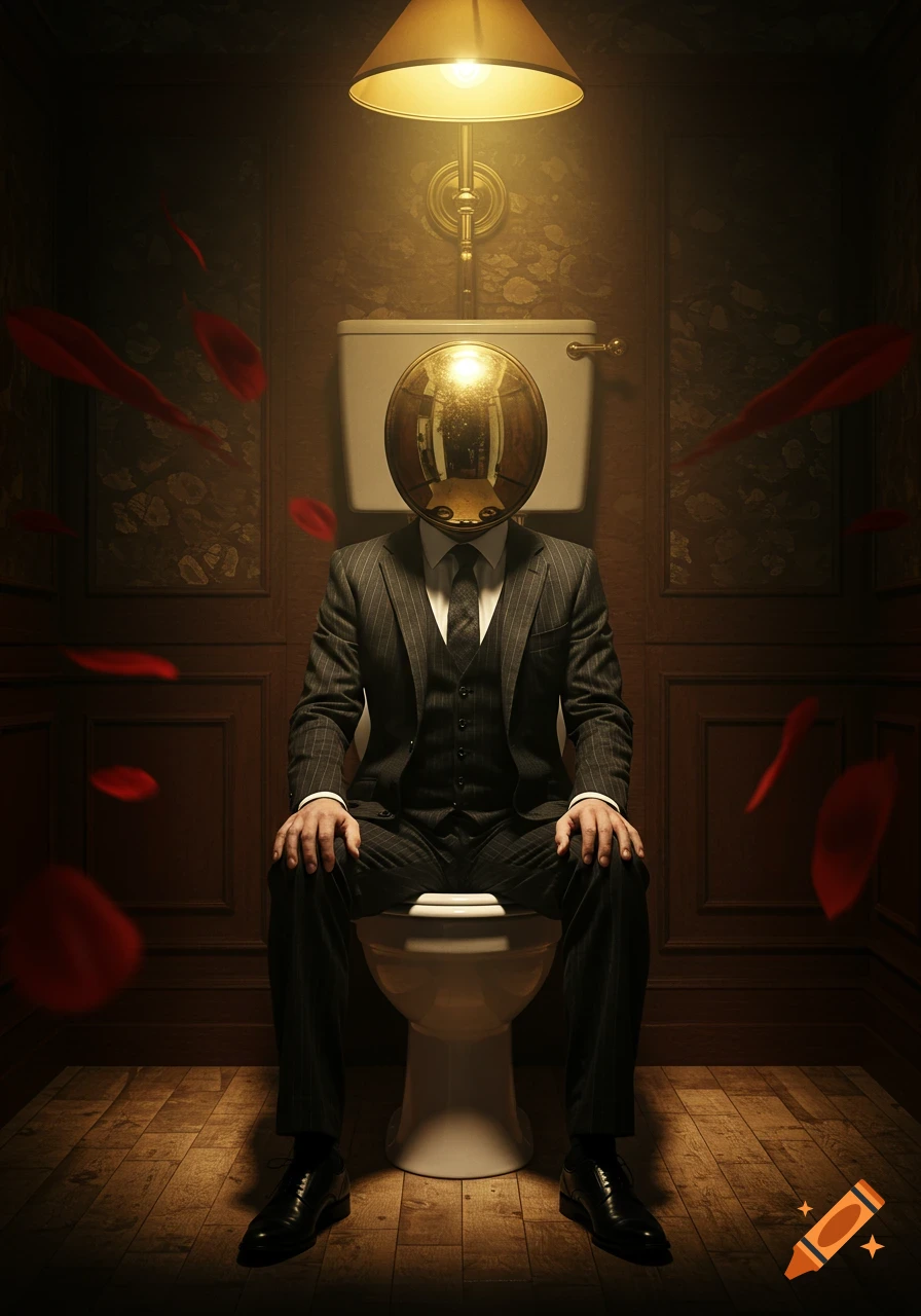 A man in a pinstripe suit with a reflective spherical head sits on a toilet in a dark, ornate bathroom with floating red petals.