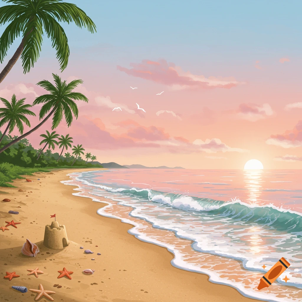 Illustrative beach sunset with palm trees, ocean waves, a sandcastle, and starfish on the sand.