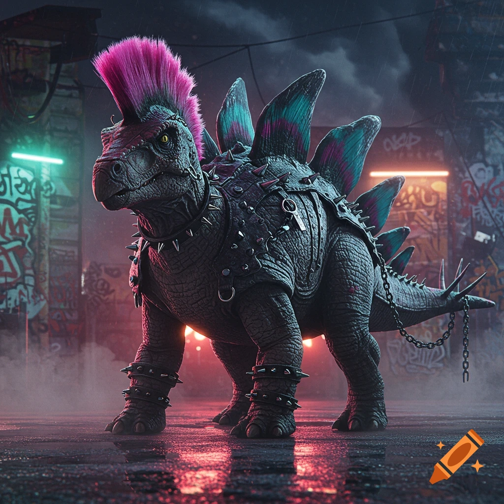 A photorealistic punk rock stegosaurus with a pink mohawk and spiked armor stands on a wet street at night, neon lights reflect.