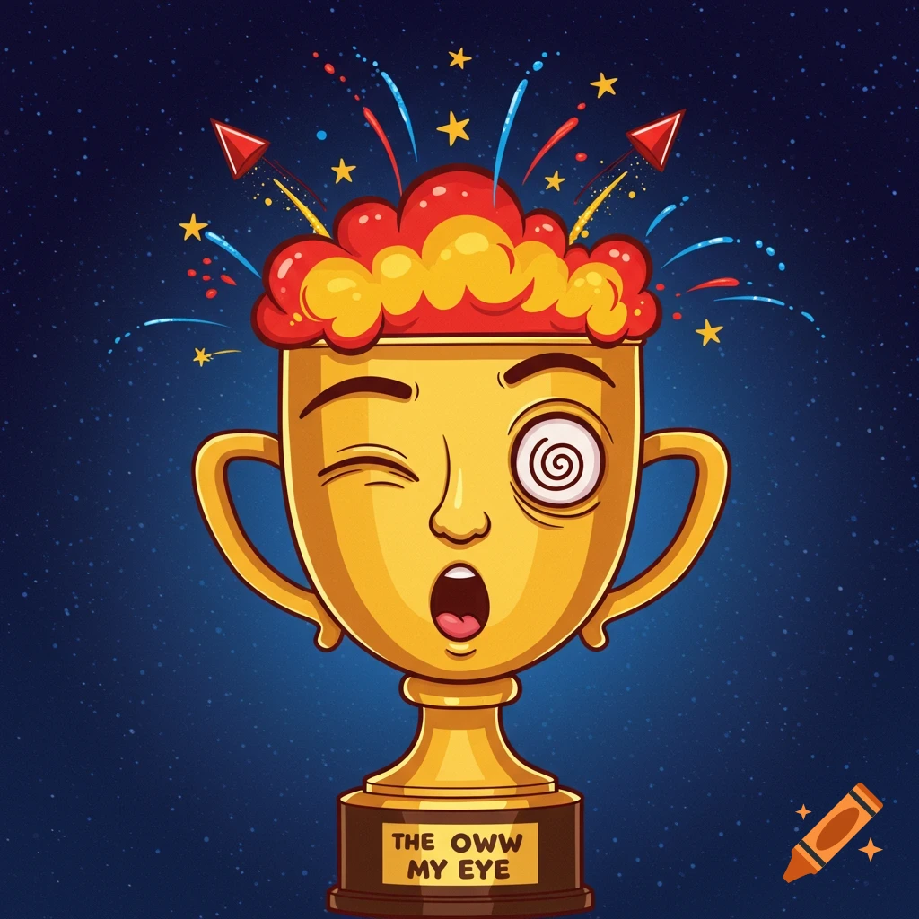 A winking trophy with a spiraled eye and fireworks bursting from its head, with the text 'THE OWW MY EYE' on its base, against a starry blue background. Cartoon style.