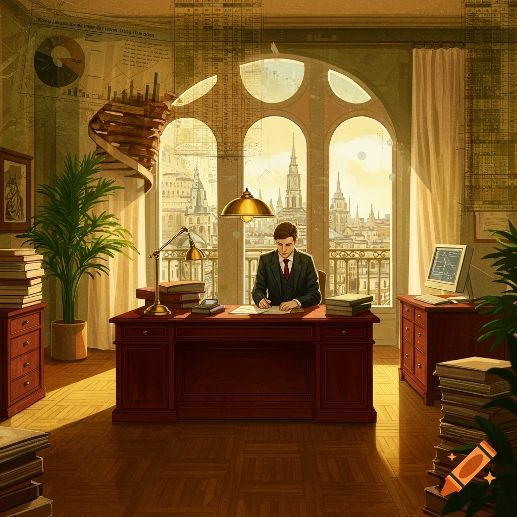 A man in a suit works at a large wooden desk in a grand office with arched windows overlooking a city, surrounded by books and charts, in a stylized illustration.
