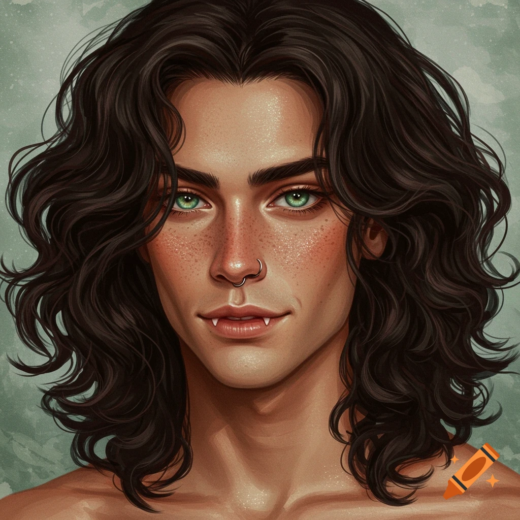 Digital art portrait of a male with long wavy dark hair, green eyes, freckles, a nose ring, and pointed fangs.