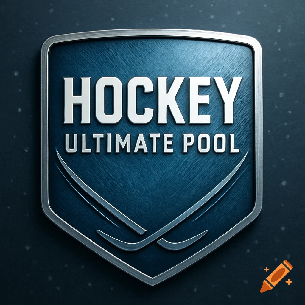 Dark blue shield logo with silver trim, displaying "HOCKEY ULTIMATE POOL" text and two stylized hockey sticks.