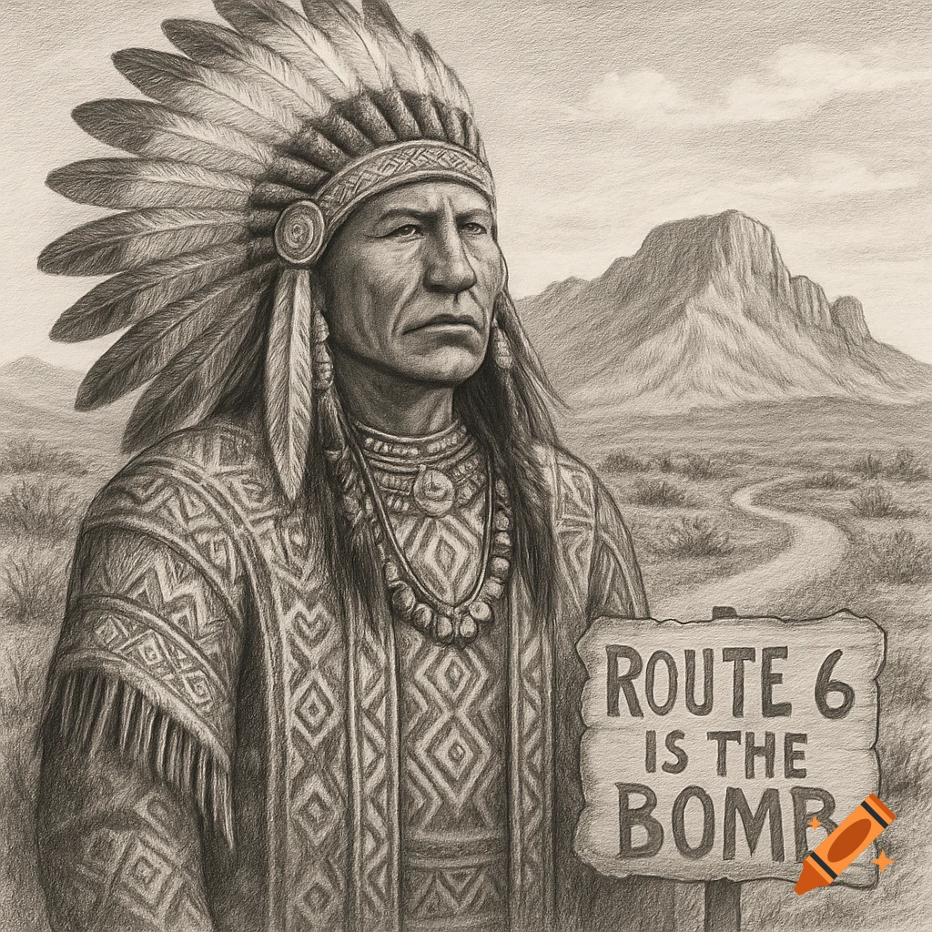 Pencil drawing of a Native American man in a headdress, standing in a desert landscape with a sign saying 'ROUTE 6 IS THE BOMB'.