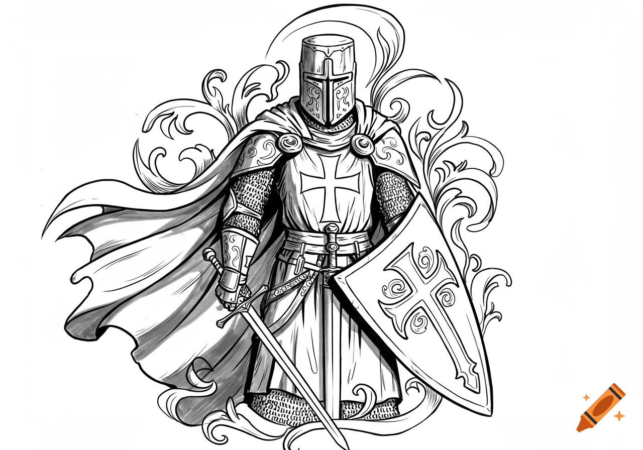 Black and white illustration of a medieval crusader knight in full armor holding a sword and shield, surrounded by ornate filigree.