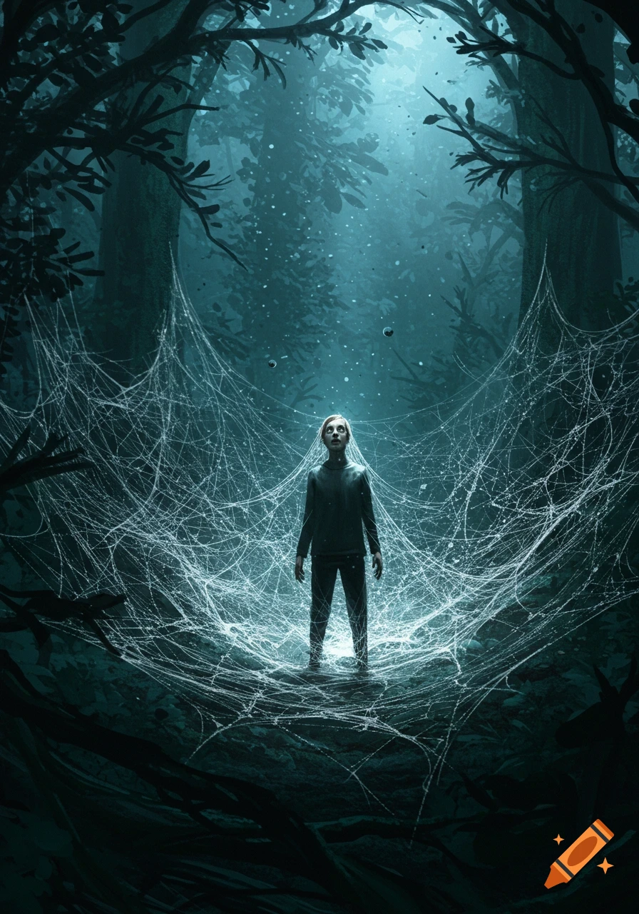 An illustrative image of a person trapped in a glowing spider web in a dark, misty forest, looking up in fear.
