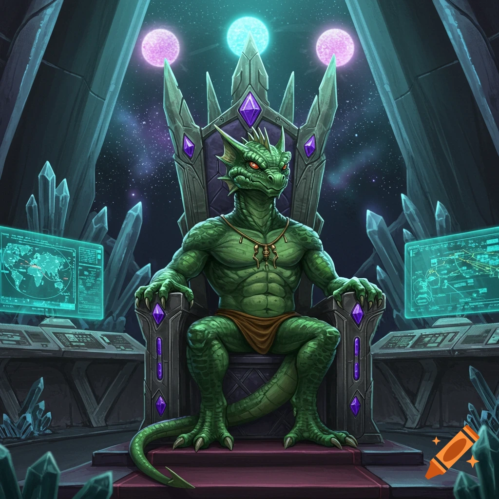 A green reptilian alien sits on a large, spiky, gem-adorned throne in a sci-fi chamber with glowing screens and a starry space background with multiple moons.