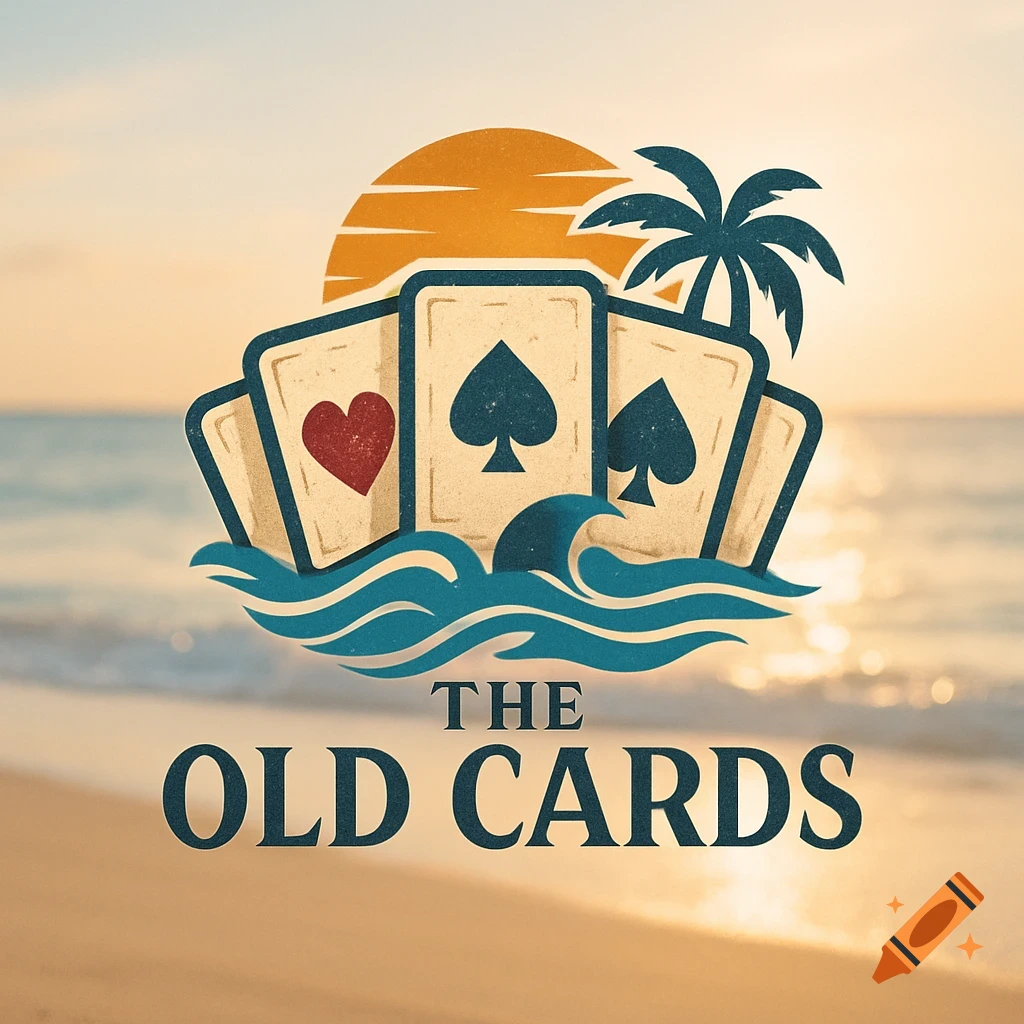 Stylized logo for 'THE OLD CARDS' featuring playing cards, waves, palm tree, and sun on a beach background.