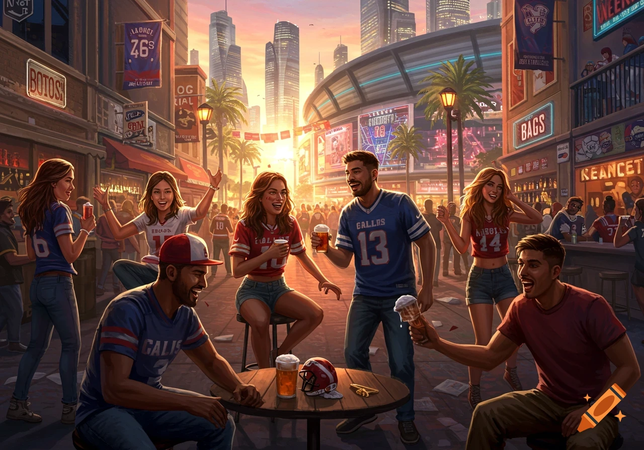 Lively street scene at sunset with diverse people bar hopping in a city, many wearing sports jerseys, with a stadium and skyscrapers in the background.