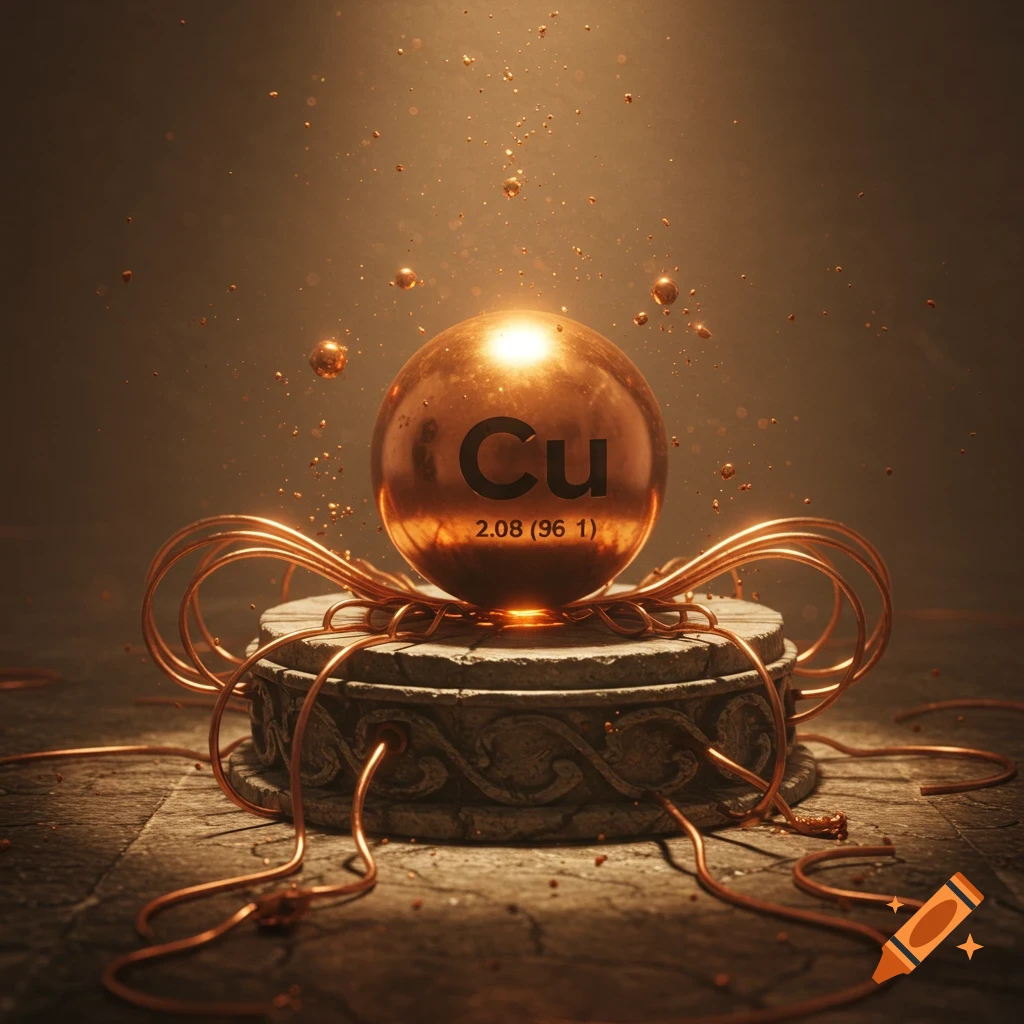A glowing copper sphere with 'Cu' and numbers engraved, sits on an ornate stone pedestal, surrounded by copper wires and shimmering particles.