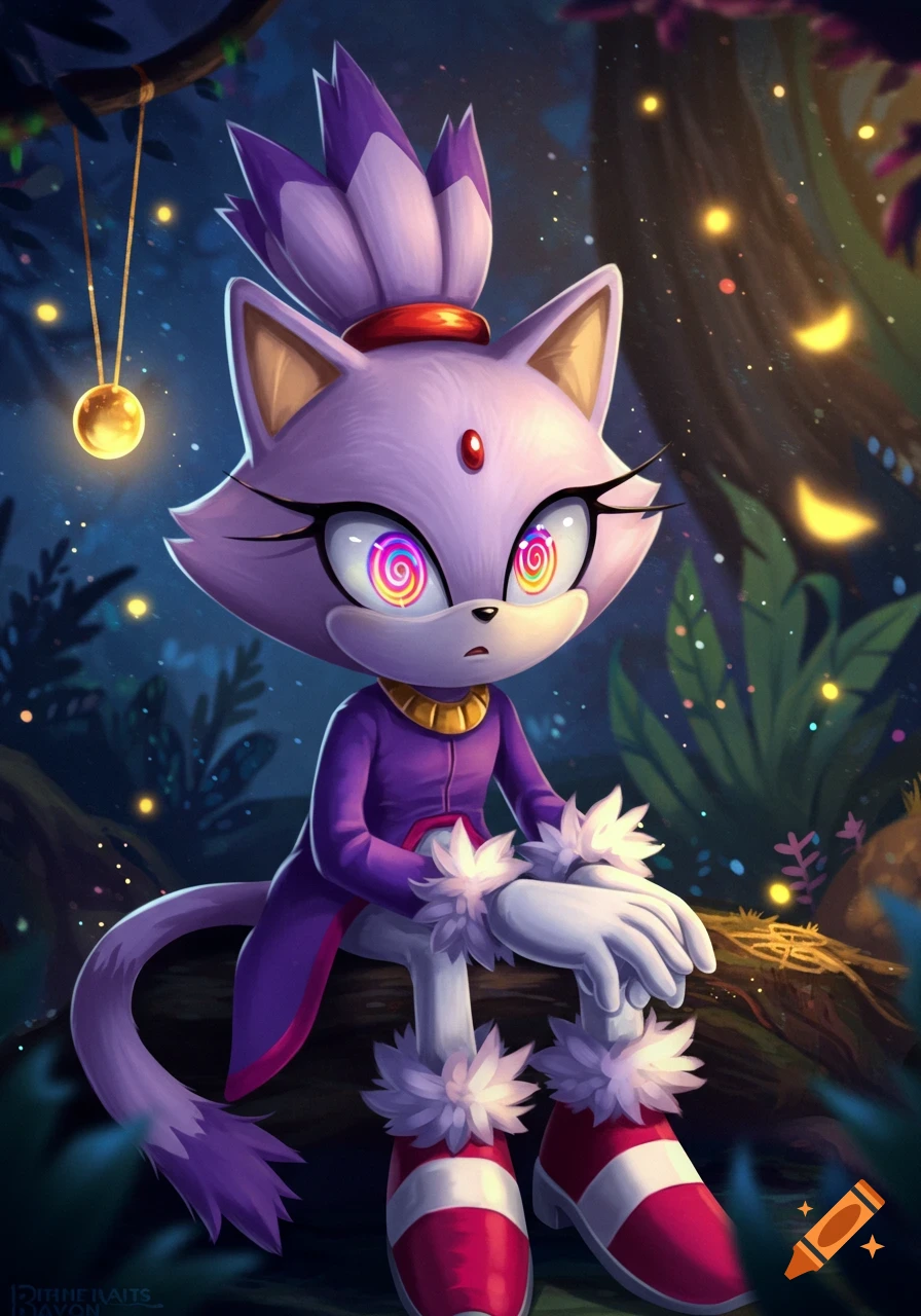 Blaze the Cat with spiral, hypnotized eyes sits on a log in a glowing, dark forest, mesmerized by a golden pendulum.