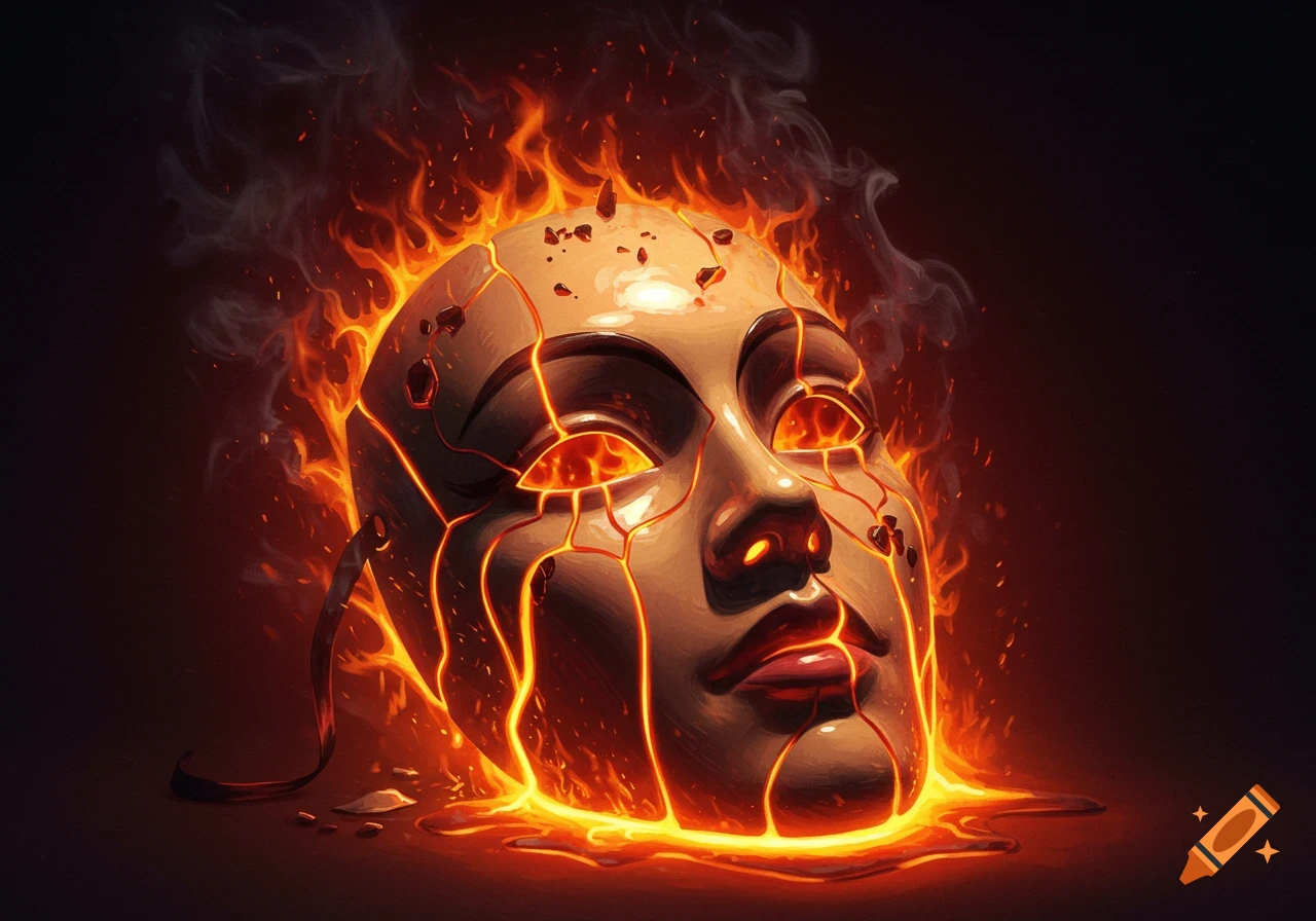 A cracked, mask-like face made of ceramic material is burning and melting into glowing lava with intense flames and smoke against a dark background.