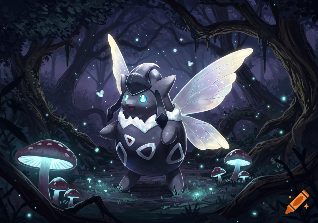 Dark-colored, fairy-winged Togepi evolution with glowing blue eyes stands in a magical dark forest with glowing mushrooms and fireflies.