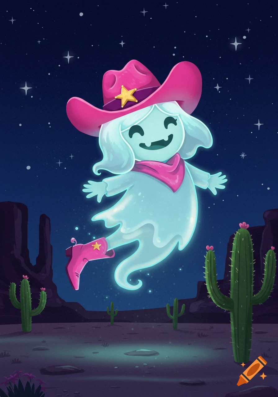 A cute cartoon ghost wearing a pink cowboy hat and boots floats happily in a starry desert landscape.