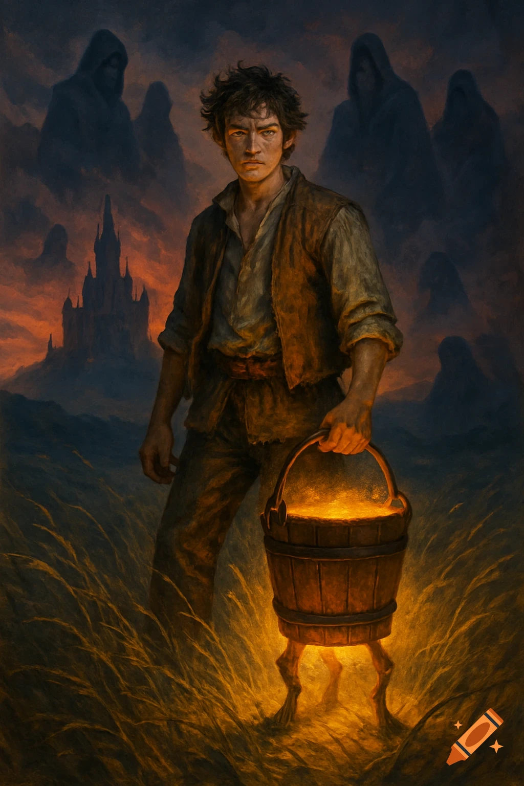 Painterly image of a young farmhand holding a glowing bucket with legs in a field at dusk, with a castle and shadowy figures.